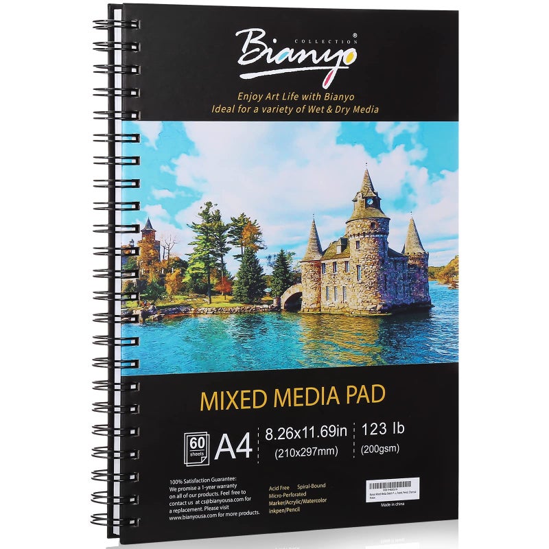Bianyo Mixed Media Paper Pad, A4 (8.26" X 11.69"), 60 Sheets/Each, 123 LB/200 GSM, Pack of 1 Pad, Spiral-Bound Pad, Ideal for Wet & Dry Media Like Art Marker, Watercolor, Acrylic, Pastel, Pencil - Image 1